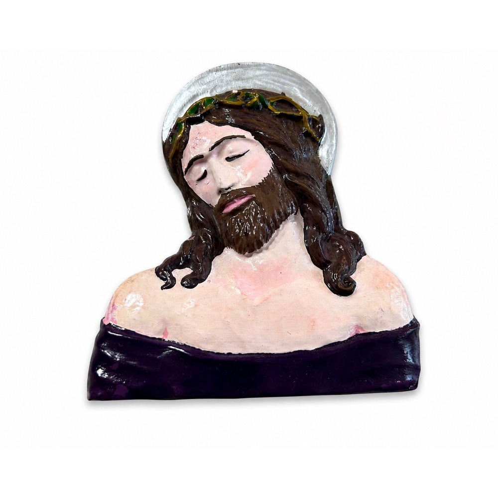 Vintage Hand Painted Jesus Christ Wall Plaque Crown of Thorns Religious Folk Art